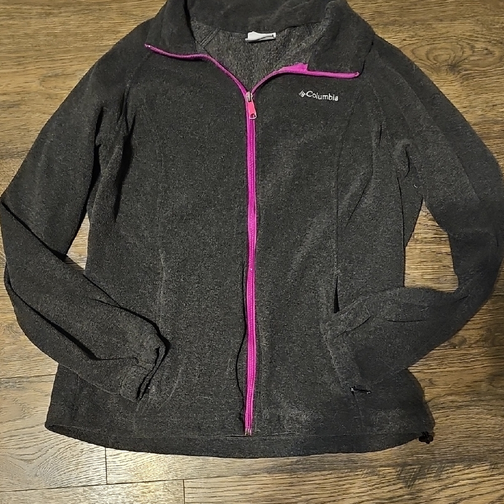Columbia Jacket Women Gray Pink Zipper Large Lightweight Coat Drawstring